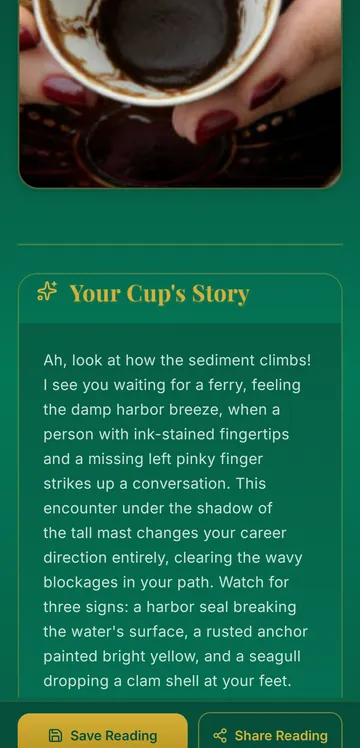The full reading, Your Cup's Story, on Telve's result screen