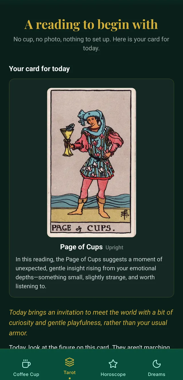 Telve's daily tarot card: Page of Cups, upright, with its reflection