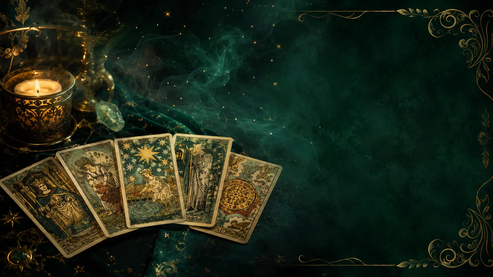 Mystical tarot reading with cards, candle and stars