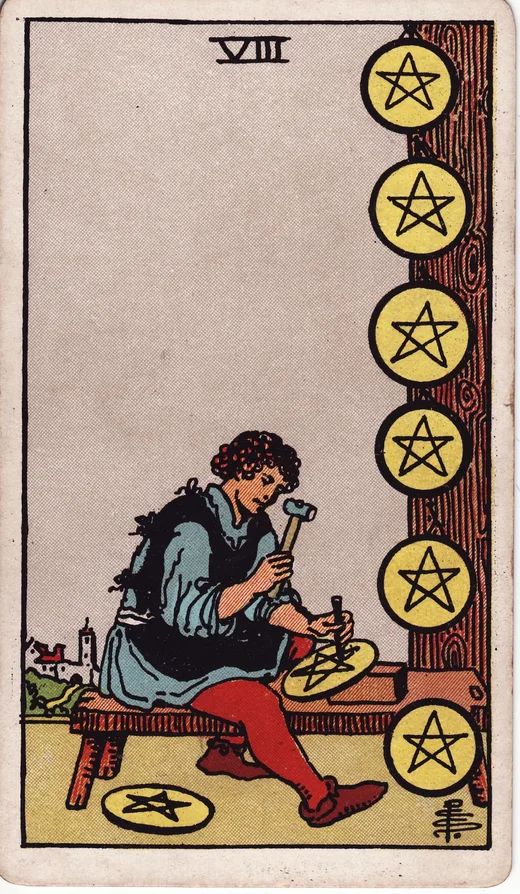Eight of Pentacles tarot card (Rider-Waite-Smith)