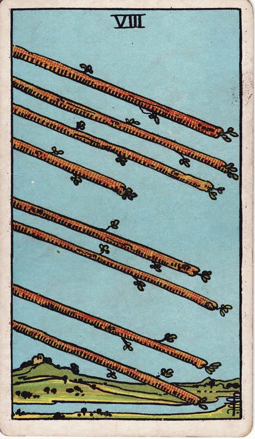 Eight of Wands tarot card (Rider-Waite-Smith)