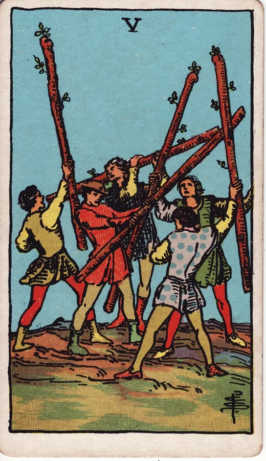 Five of Wands tarot card (Rider-Waite-Smith)