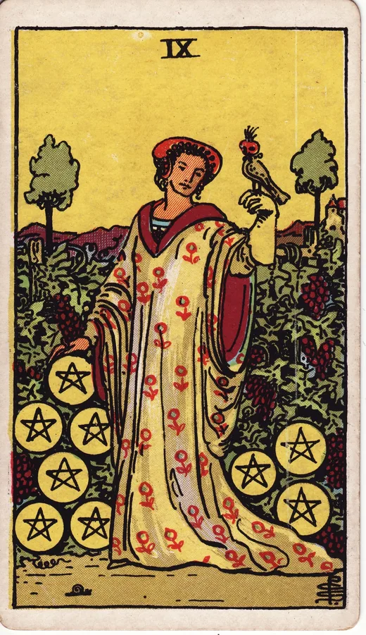 Nine of Pentacles tarot card (Rider-Waite-Smith)
