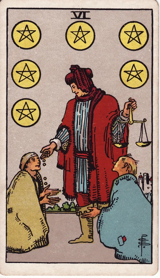 Six of Pentacles tarot card (Rider-Waite-Smith)